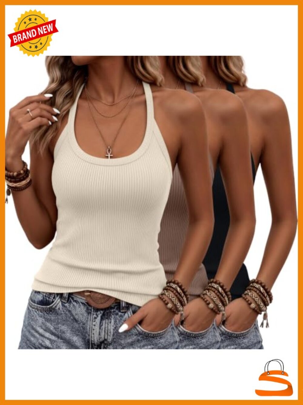 Women's Ribbed Halter Racerback Tank Tops 3 Pack Slim Fit Sleeveless